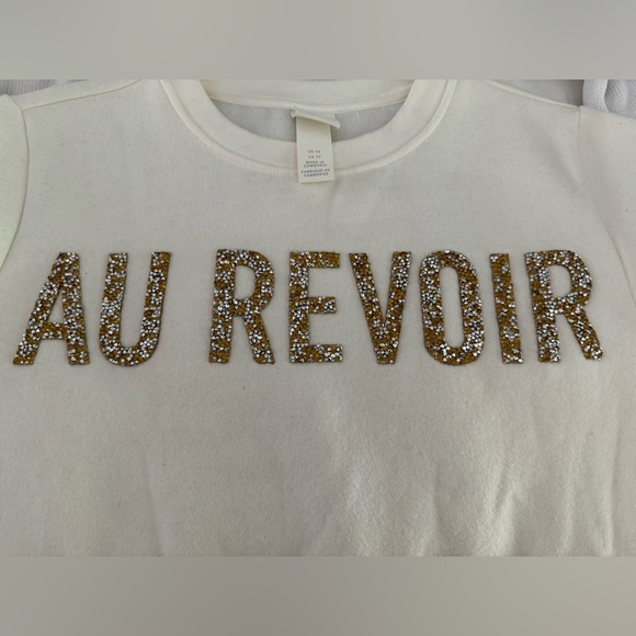 H&M Au Revoir Printed Gold Beaded White Fleece Sweatshirt XS - Picture 4 of 9